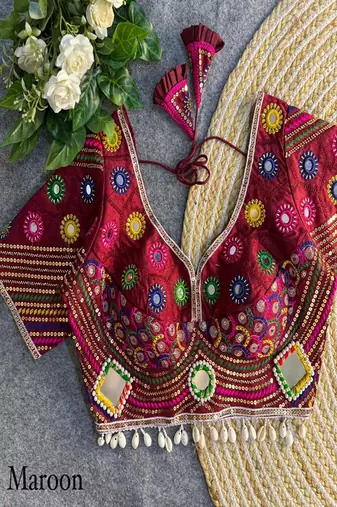 Women's maroon real mirror work navratri blouse | heavy beads embroidered italian silk choli