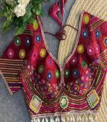 Women's maroon real mirror work navratri blouse | heavy beads embroidered italian silk choli