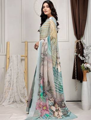 Sea green printed linen casual saree with blouse piece 2