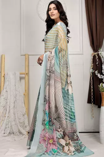 Sea green printed linen casual saree with blouse piece