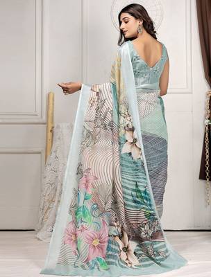 Sea green printed linen casual saree with blouse piece 3