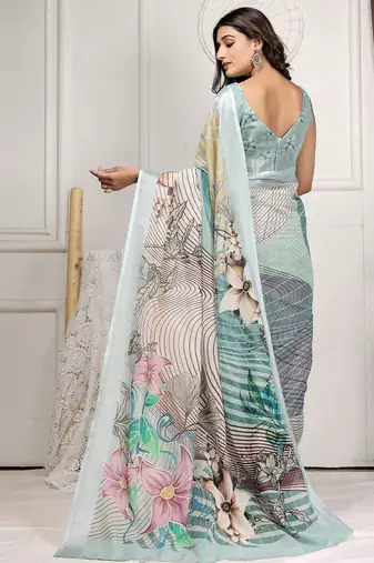Sea green printed linen casual saree with blouse piece
