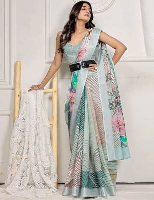 Sea green printed linen casual saree with blouse piece 4