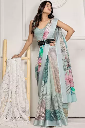 Sea green printed linen casual saree with blouse piece