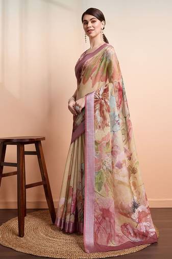 Yellow printed linen casual saree with blouse piece