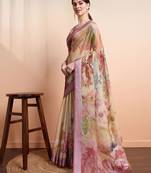 Yellow printed linen casual saree with blouse piece