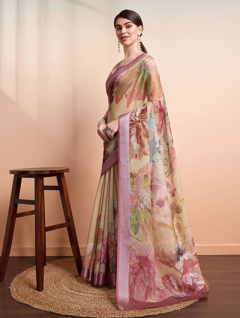 Yellow printed linen casual saree with blouse piece