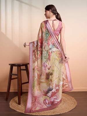 Yellow printed linen casual saree with blouse piece 2
