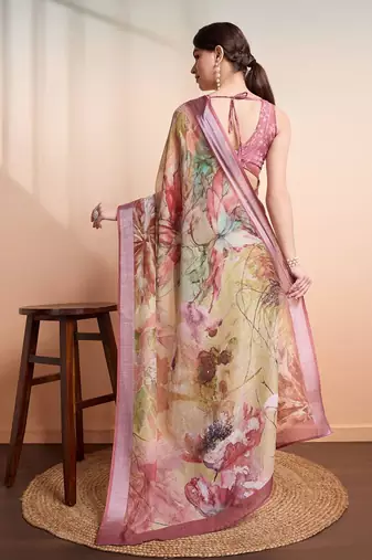 Yellow printed linen casual saree with blouse piece