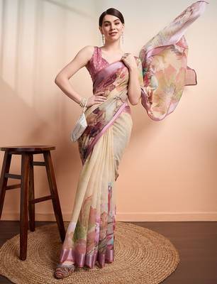Yellow printed linen casual saree with blouse piece 3
