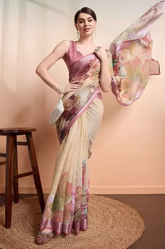 Yellow printed linen casual saree with blouse piece