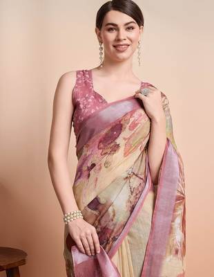 Yellow printed linen casual saree with blouse piece 5