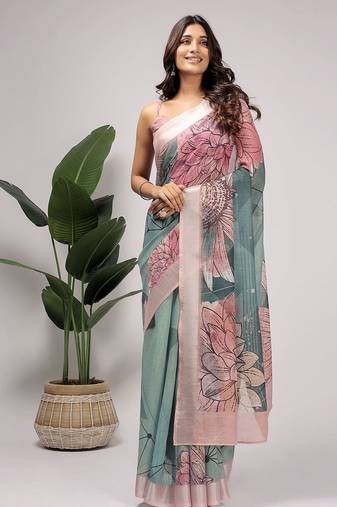 Green printed linen casual saree with blouse piece