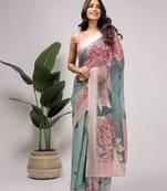Green printed linen casual saree with blouse piece