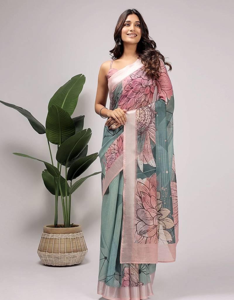 Green printed linen casual saree with blouse piece