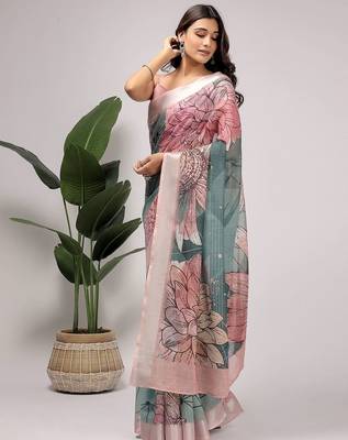 Green printed linen casual saree with blouse piece 2
