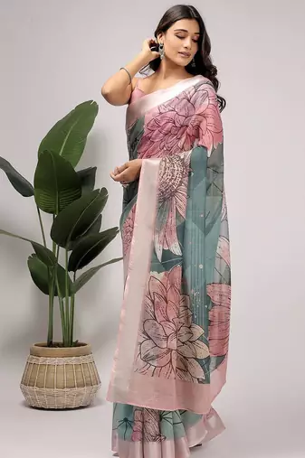 Green printed linen casual saree with blouse piece