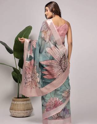 Green printed linen casual saree with blouse piece 3