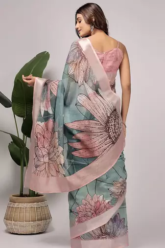 Green printed linen casual saree with blouse piece