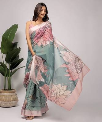 Green printed linen casual saree with blouse piece 4