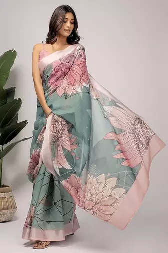 Green printed linen casual saree with blouse piece