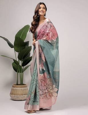 Green printed linen casual saree with blouse piece 5