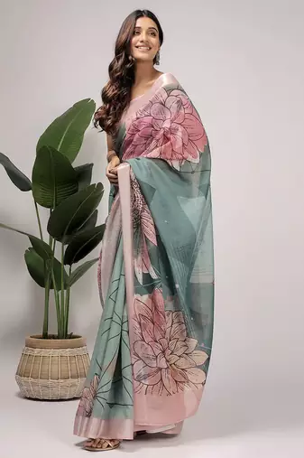 Green printed linen casual saree with blouse piece