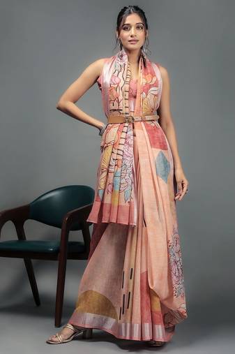 Peach printed linen casual saree with blouse piece