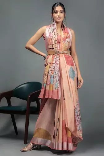 Peach printed linen casual saree with blouse piece