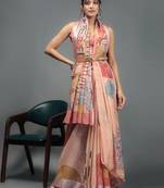 Peach printed linen casual saree with blouse piece