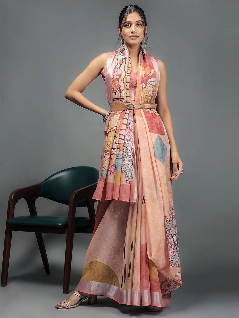 Peach printed linen casual saree with blouse piece