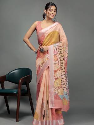 Peach printed linen casual saree with blouse piece 2