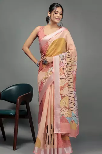 Peach printed linen casual saree with blouse piece