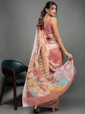 Peach printed linen casual saree with blouse piece 3