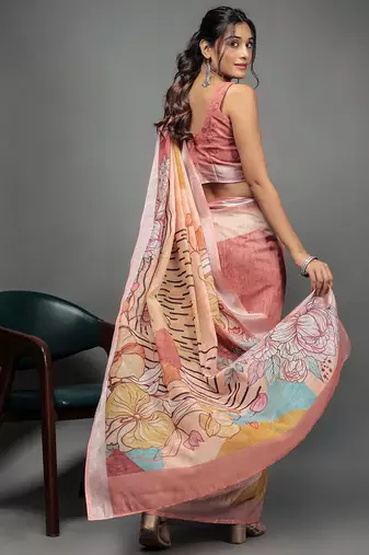 Peach printed linen casual saree with blouse piece