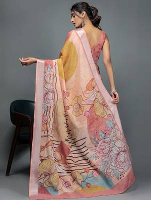 Peach printed linen casual saree with blouse piece 4