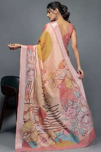 Peach printed linen casual saree with blouse piece