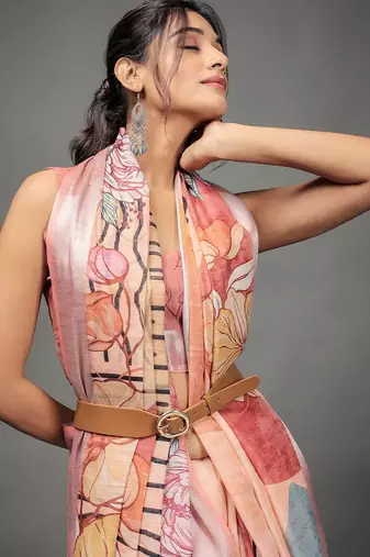 Peach printed linen casual saree with blouse piece