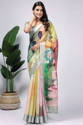 Green printed linen casual saree with blouse piece
