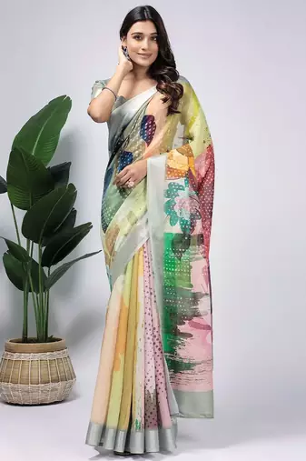 Green printed linen casual saree with blouse piece