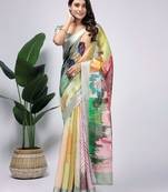 Green printed linen casual saree with blouse piece