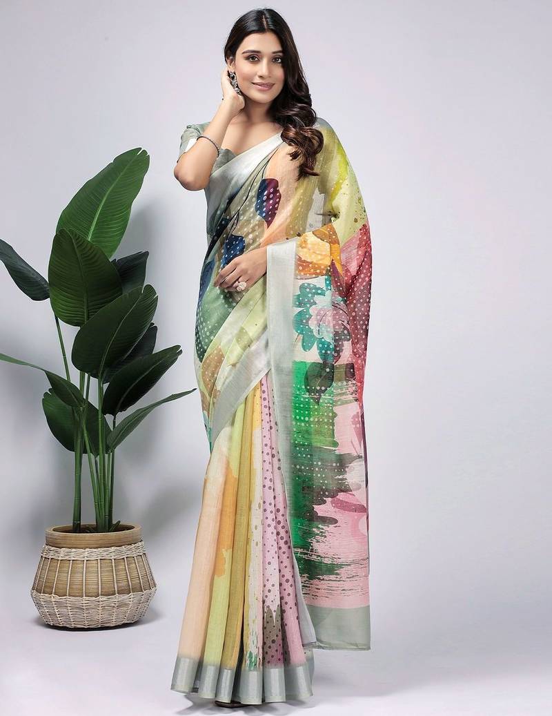 Green printed linen casual saree with blouse piece