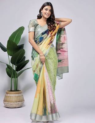Green printed linen casual saree with blouse piece 2