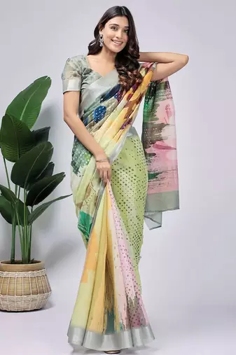 Green printed linen casual saree with blouse piece