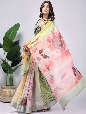 Green printed linen casual saree with blouse piece 3