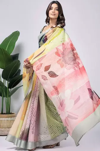 Green printed linen casual saree with blouse piece