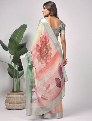 Green printed linen casual saree with blouse piece 4