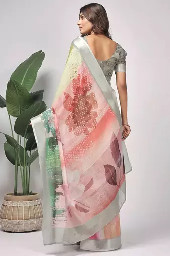 Green printed linen casual saree with blouse piece