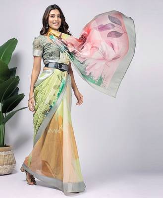Green printed linen casual saree with blouse piece 5