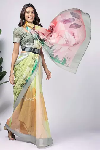 Green printed linen casual saree with blouse piece